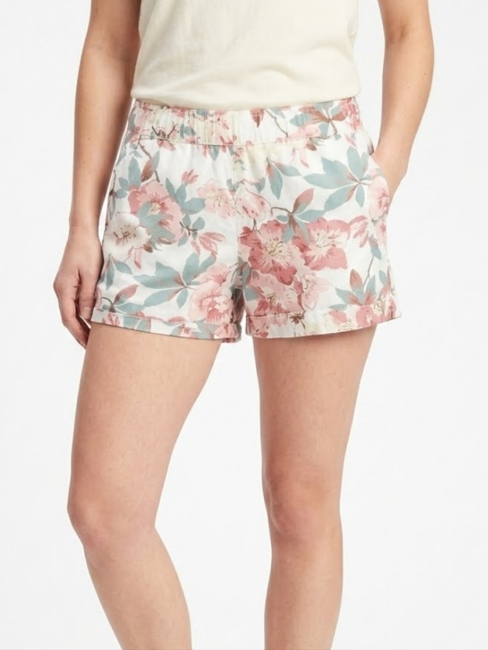LOFT Women's Floral Elastic Waist Linen Shorts M